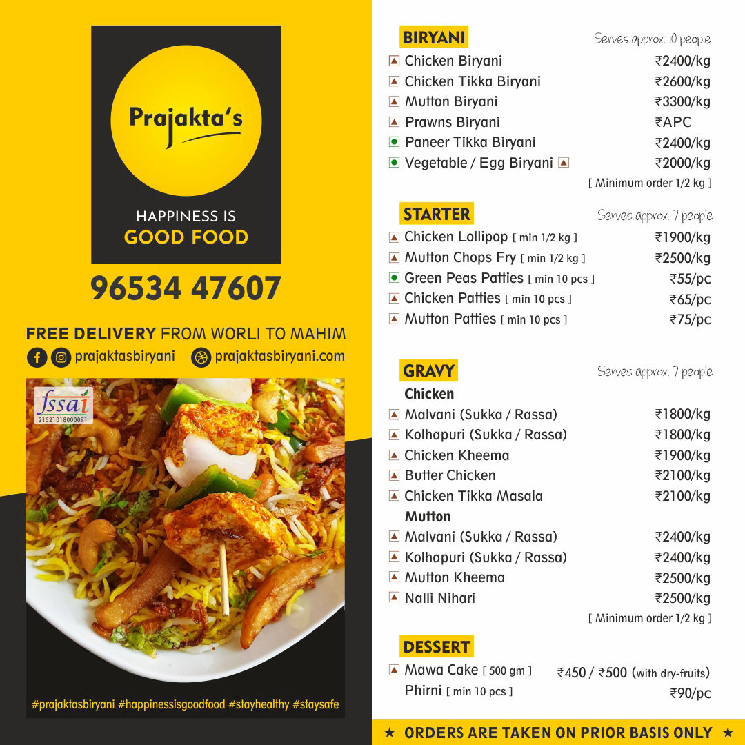 Prajakta's Biryani Menu